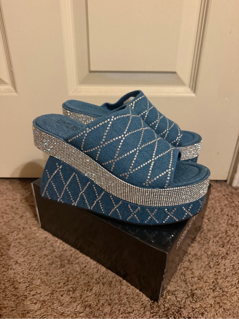 Cape Robbin Denim Blue Rhinestone Platform Wedge Mules